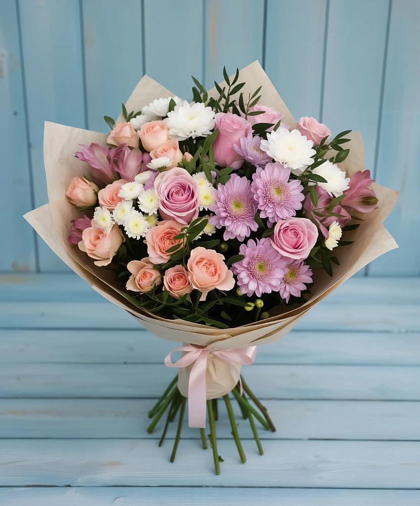 Букет цветов из: Хризантемы, Розы и Альстромерии в Качуге
