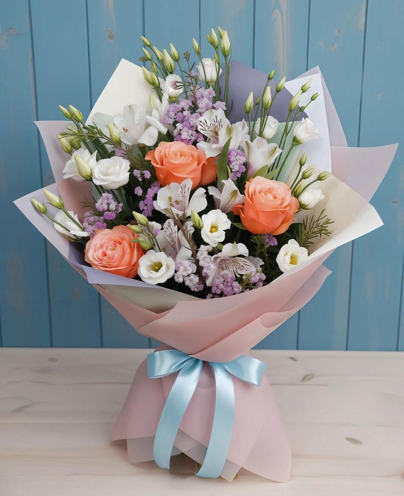Букет цветов из: Лизиантусы, Розы, Альстромерии и Гипсофила в Качуге